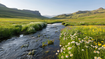 A gently flowing stream in a serene valley flanked by wildflowers and green meadows under a clear sky.