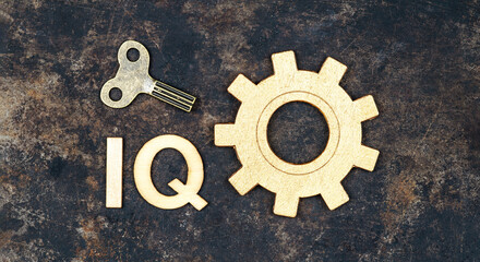 Key and gear. Intelligence quotient, iq test score and level banner.