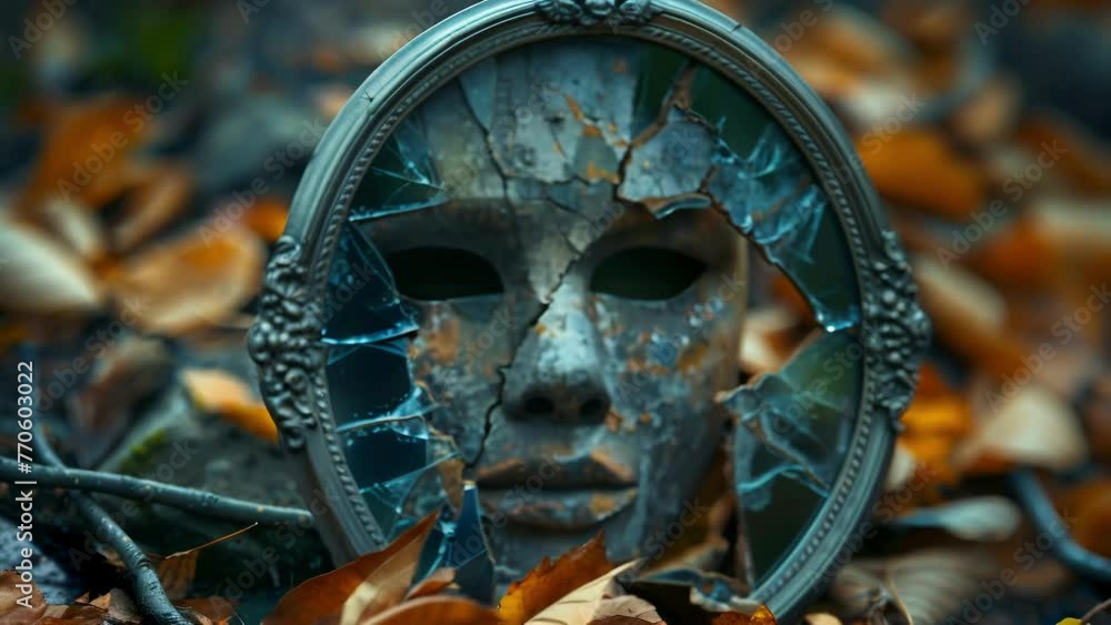 Poster a broken mirror with shards tered around a mask symbolizing the lies and deceit behind the mask.