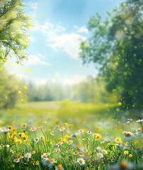 Beautiful blurred spring background nature with blooming glade chamomile, trees and blue sky on a sunny day © RM Graphics