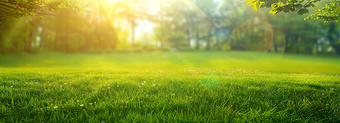 Beautiful summer natural landscape with lawn with cut fresh grass in early morning with light fog....
