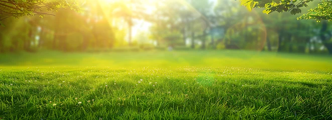 Fotobehang Bestemmingen Beautiful summer natural landscape with lawn with cut fresh grass in early morning with light fog. Panoramic spring background
