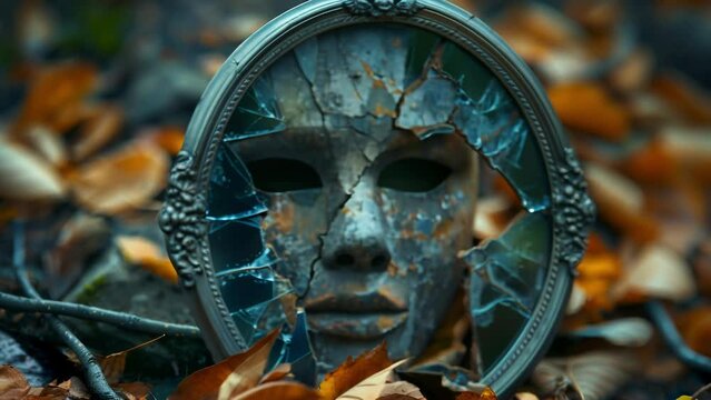 A broken mirror with shards tered around a mask symbolizing the lies and deceit behind the mask.
