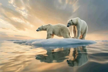 Keuken spatwand met foto Two polar bears on a diminishing ice floe, under a warm sunset, highlighting climate change impacts © NS
