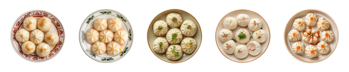 Collection of delicious bakpao on a plate isolated on a transparent background, top view, PNG