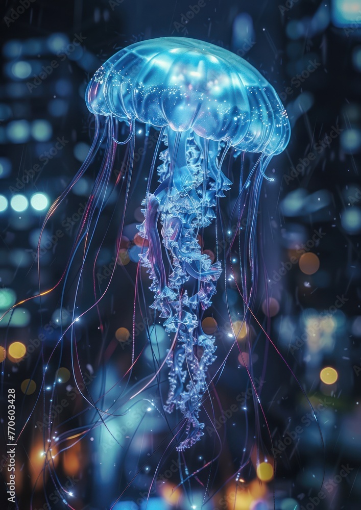 Poster jellyfish-robot floating in an urban ocean, pulsing with energy ,generative ai