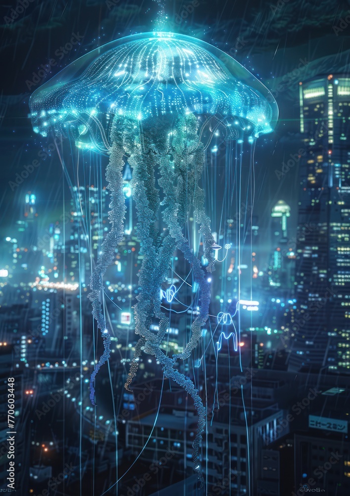 Poster jellyfish-robot floating in an urban ocean, pulsing with energy ,generative ai