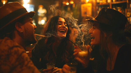 A group of friends laughing and smoking in a dimly lit vintage bar. - obrazy, fototapety, plakaty