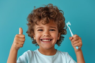 A curly haired child with a bright smile gives a thumbs up while holding a toothbrush