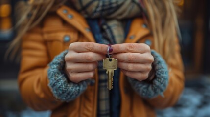 a woman's hands holding the keys to a new house, a woman moves into a new apartment