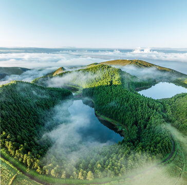Aerial view of Seven Lakes, Sao Miguel Island with emerald green volcanic lake and luscious forest, Capelas, Azores, Portugal.