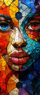 Colorful stained-glass window of a woman's face.