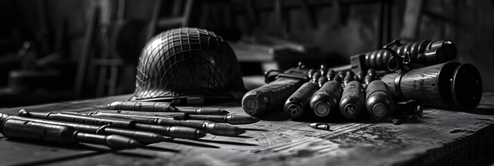 Monochrome Display of World War II American Weaponry: Remnants of A History Written in Blood and Courage - obrazy, fototapety, plakaty
