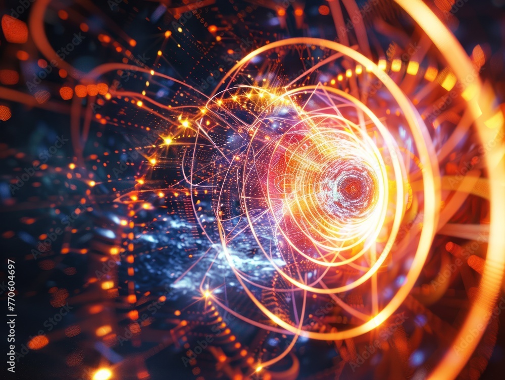 Poster futuristic vortex tunnel of streaming data and video fluxing blue background,generative ai