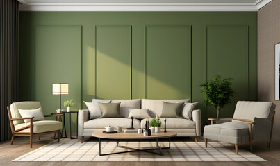 Interior living room with green walls, wooden floor, two beige sofas and coffee table. 3d rendering