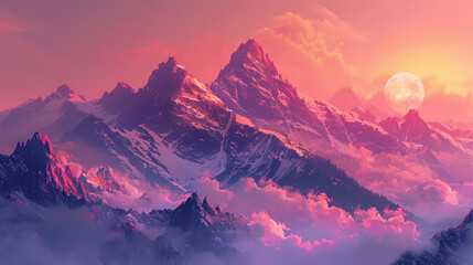 A breathtaking sunrise paints the sky in shades of pink and orange, casting a soft glow over the towering peaks of a mountain range in the heart of summer. 