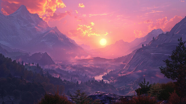 A breathtaking sunrise paints the sky in shades of pink and orange, casting a soft glow over the towering peaks of a mountain range in the heart of summer. 