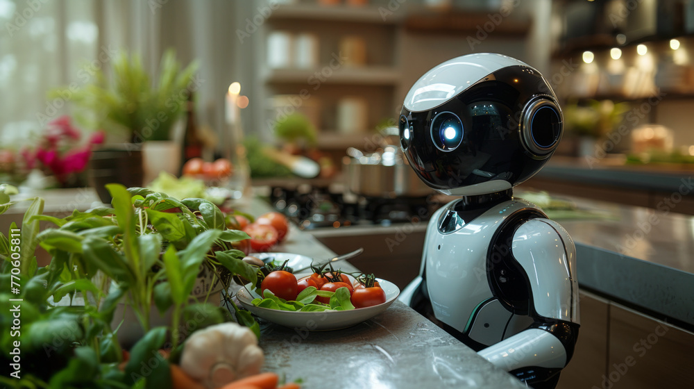 Poster robot standing next to bowl of salad