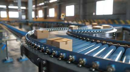 Obraz premium Resort to cardboard boxes being submerged in blue data, in the background is an ecommerce warehouse with a large conveyor belt with cartons of goods moving along it, Generative AI