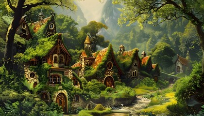 a village with elves cottages - obrazy, fototapety, plakaty