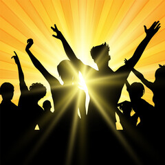 Silhouettes of party people on a sunburst background 