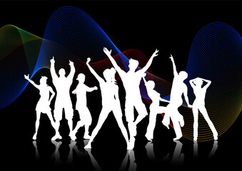 Silhouettes of people dancing on an abstract wave background 