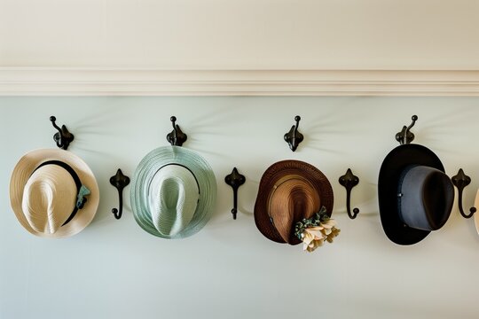 elegant hats displayed in a row on boutique wall hooks