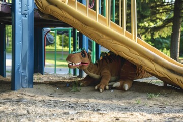 stuffed dinosaur forgotten under a playground slide