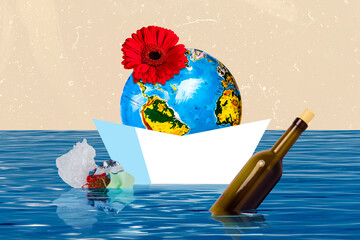 Composite photo collage of water pollution globe swim origami boat bottle trash plastic foil...