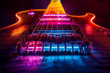 Imagine a close-up of a guitar's fretboard where the frets are replaced by neon lights, pulsating with color and rhythm, representing the electrifying energy of live music performances - obrazy, fototapety, plakaty