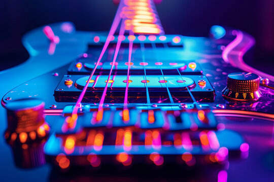 Imagine a close-up of a guitar's fretboard where the frets are replaced by neon lights, pulsating with color and rhythm, representing the electrifying energy of live music performances