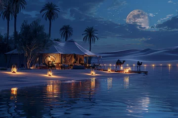 Türaufkleber Imagine a desert camp on the edge of a shimmering oasis lake, with lanterns casting warm light on the tents, and camels silhouetted against the moonlit dunes © Izhar
