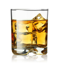 Whiskey and ice cubes in glass isolated on white