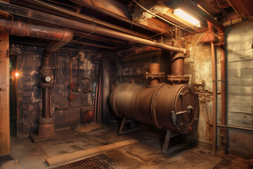 Fototapeta na wymiar A basement of an old house with boiler system a heating pipes AI Generative