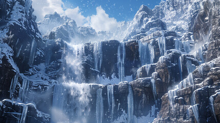 A frozen waterfall cascading down the sheer cliffs of a glacier, its crystalline veil shimmering in the cold mountain air against a backdrop of towering peaks. 32K. - obrazy, fototapety, plakaty