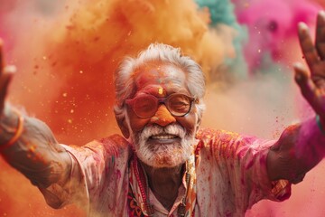 Portrait of a happy senior old man celebrating Holi festival with bursts and splashes of vibrant, colorful Indian Holi powder. Active retirement.