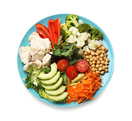 Balanced diet and healthy foods. Plate with different delicious products isolated on white, top view