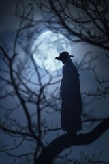 Mysterious silhouette against the backdrop of an ominous moonlit night a sense of anticipation fills the air