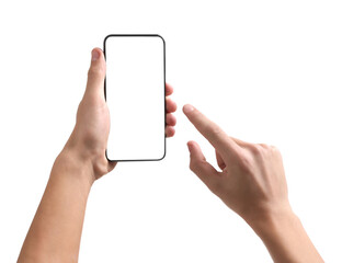 Man using smartphone with blank screen isolated on white, closeup. Mockup for design