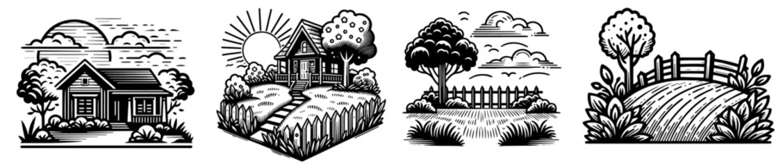 rural farmstead vector illustration silhouette laser cutting black and white shape