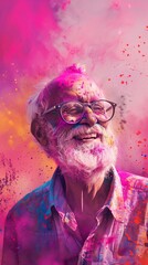 Portrait of a happy senior old man celebrating Holi festival with bursts and splashes of vibrant, colorful Indian Holi powder. Active retirement.
