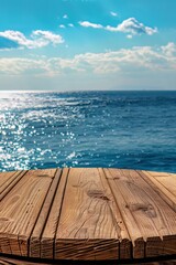 Obraz premium Nautical Teak Wood Podium front view focus with Ocean Horizon Background ideal for maritime decor product displays