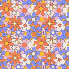 Foto op Canvas Trendy floral seamless pattern in the 70s hippie style with groovy daisy flowers. Vintage retro style. Bright colorful colors with dark contour. y2k nostalgic vector design . © LanaSham