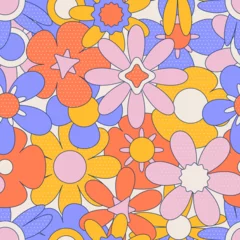 Poster Seamless pattern with colorful groovy hippy flowers . 70s, 80s, 90s vibes polka dot texture. Abstract daisy and chamomile Vintage nostalgia elements. Geometric vector illustration. © LanaSham
