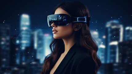 Woman with glasses of virtual reality. Future technology concept