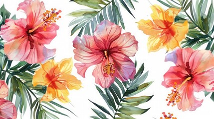 Fototapeta na wymiar watercolor seamless pattern with exotic tropical flowers