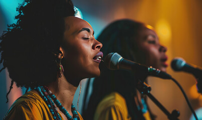 Black Female African American backing vocalists singing live at a concert with smoke - obrazy, fototapety, plakaty