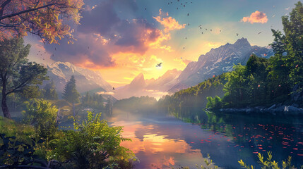 A picturesque sunrise paints the sky with a symphony of colors over a tranquil mountain lake, surrounded by lush forests in the midst of summer. The tranquil waters mirror the beauty of the scene, 