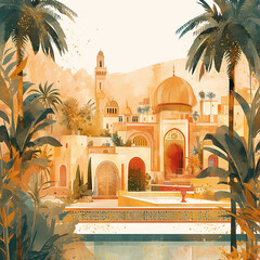 Morocco A painting of a city with a large building in the center. The building has a dome on top and is surrounded by palm trees. The painting has a warm, tropical feel to it