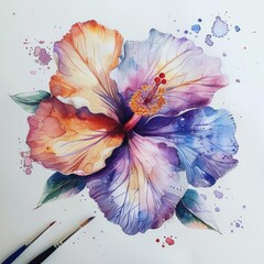 Vivid watercolor painting of a hibiscus flower with splattered ink details